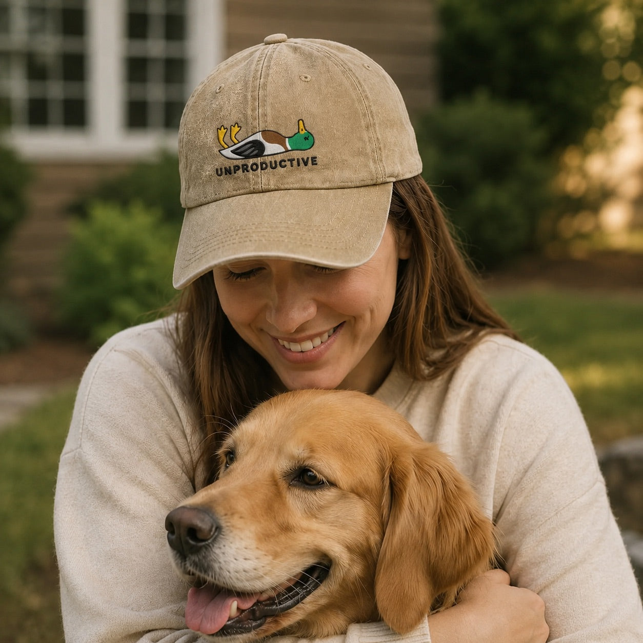 Woman wearing a cap with a dog graphic and text, holding a golden retriever outdoors.