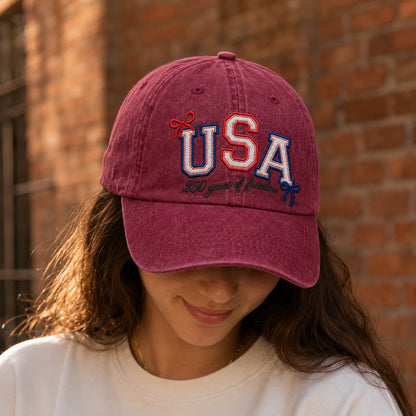 USA 250 Years of Freedom Patriotic Washed Cap - washed cap - close up