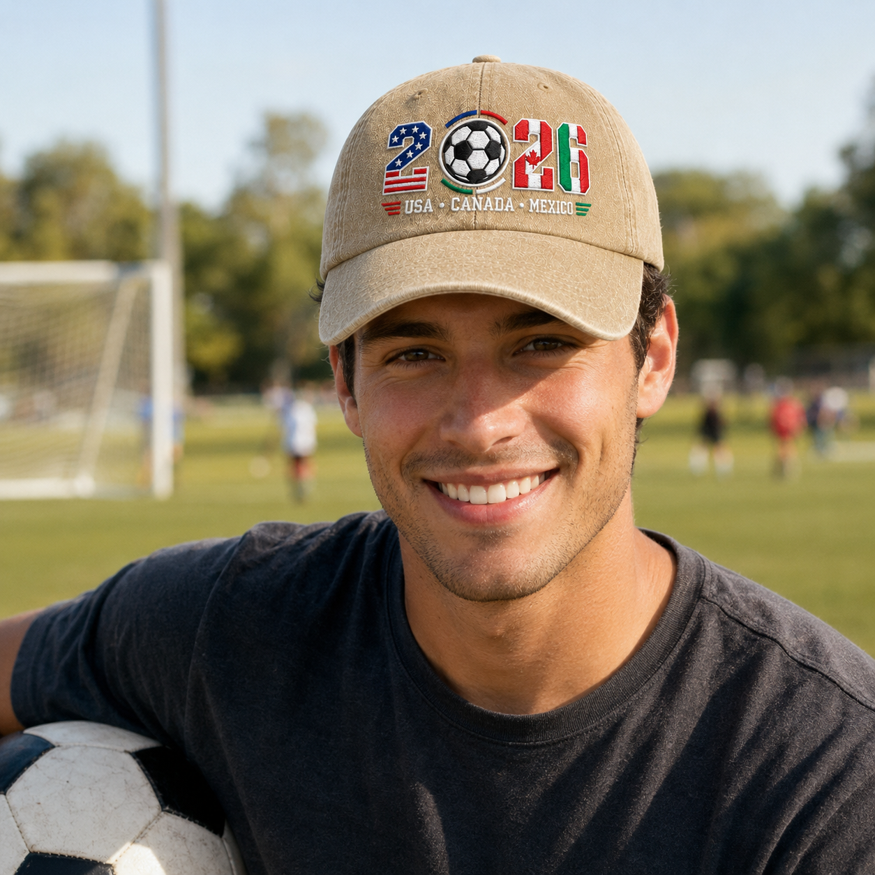 Man smiling on a soccer field wearing a sand washed baseball cap with embroidered 2026 North American tournament soccer ball design