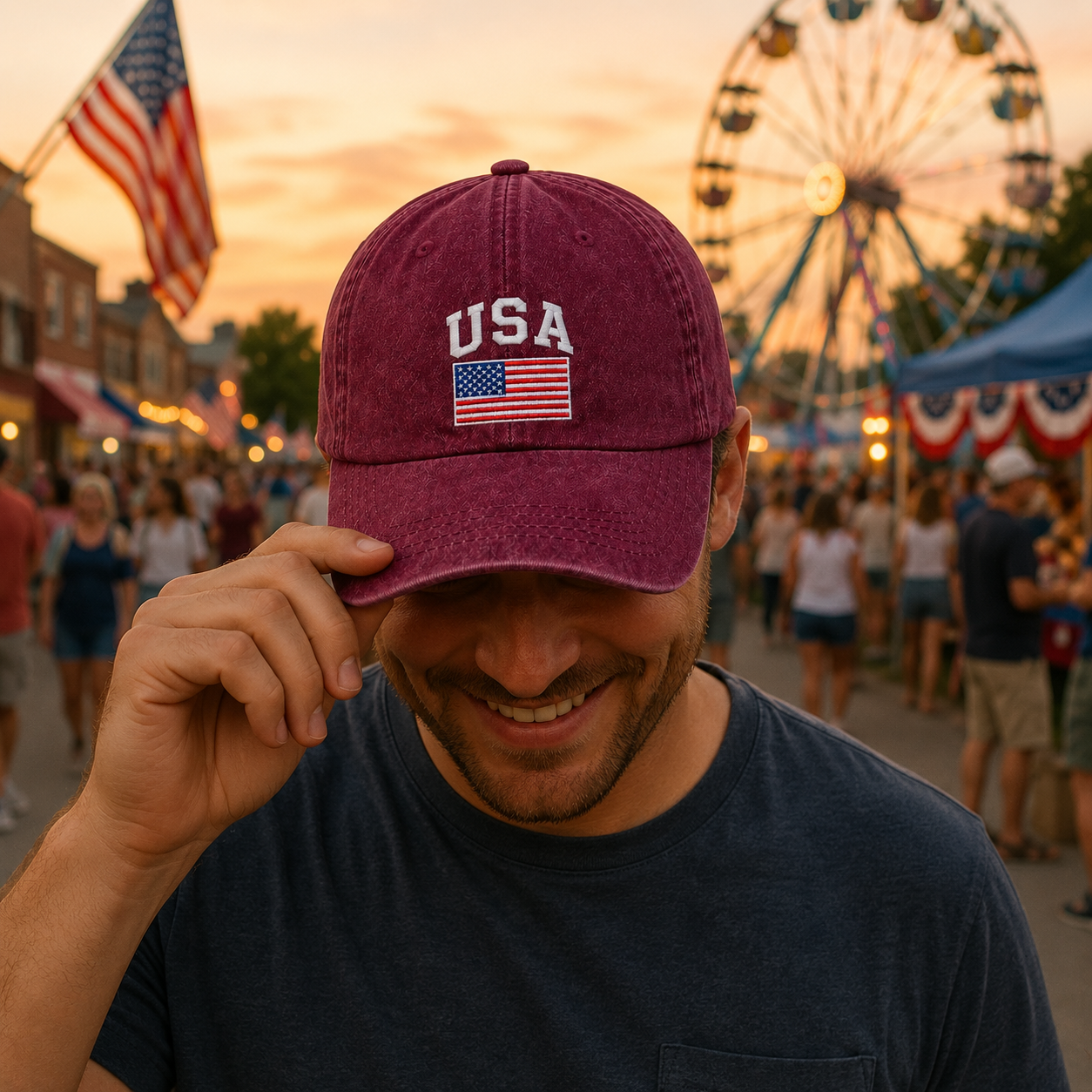 Man looking down at a fairground wearing a maroon washed baseball cap with an embroidered USA flag design