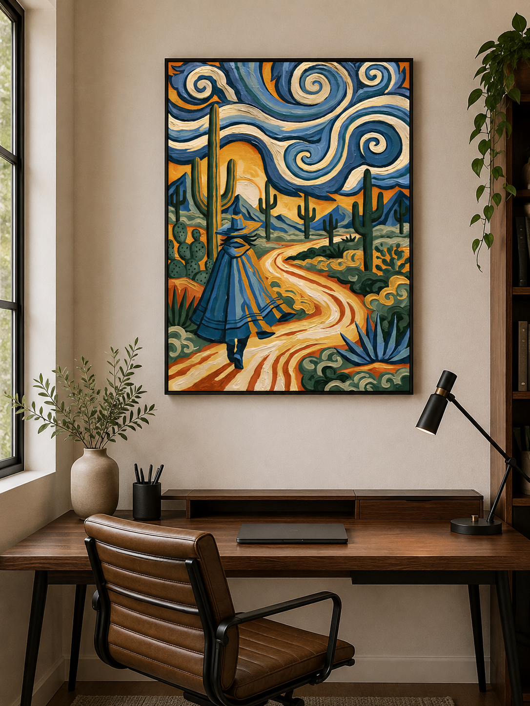 Affiche Style Van Gogh - Wall Art Decor - close-up - desert wall art, blue cactus art print