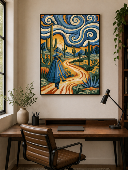 Affiche Style Van Gogh - Wall Art Decor - close-up - desert wall art, blue cactus art print