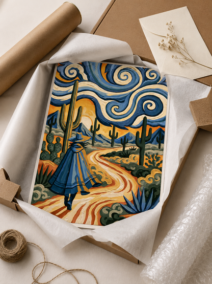 Affiche Style Van Gogh - Wall Art Decor - detail view - desert wall art, blue cactus art print