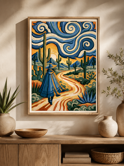 Affiche Style Van Gogh - Wall Art Decor - lifestyle shot - desert wall art, blue cactus art print