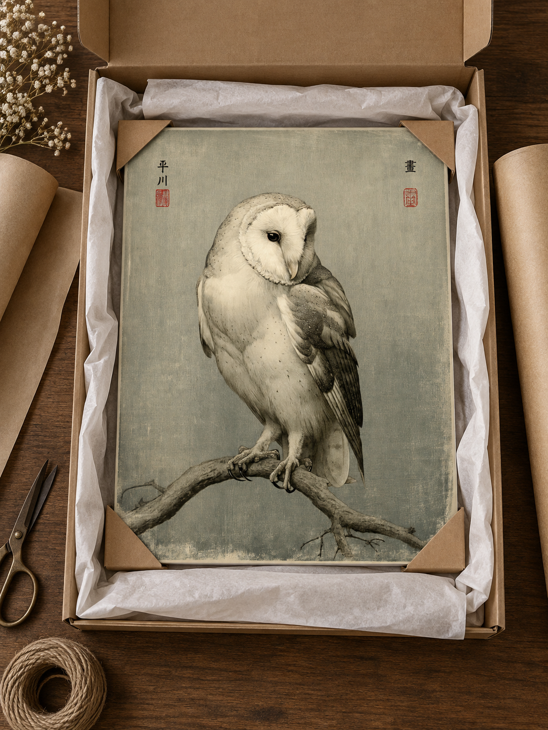 Vintage Barn Owl Art Print - Wall Art Decor - front view - barn owl poster, canvas print
