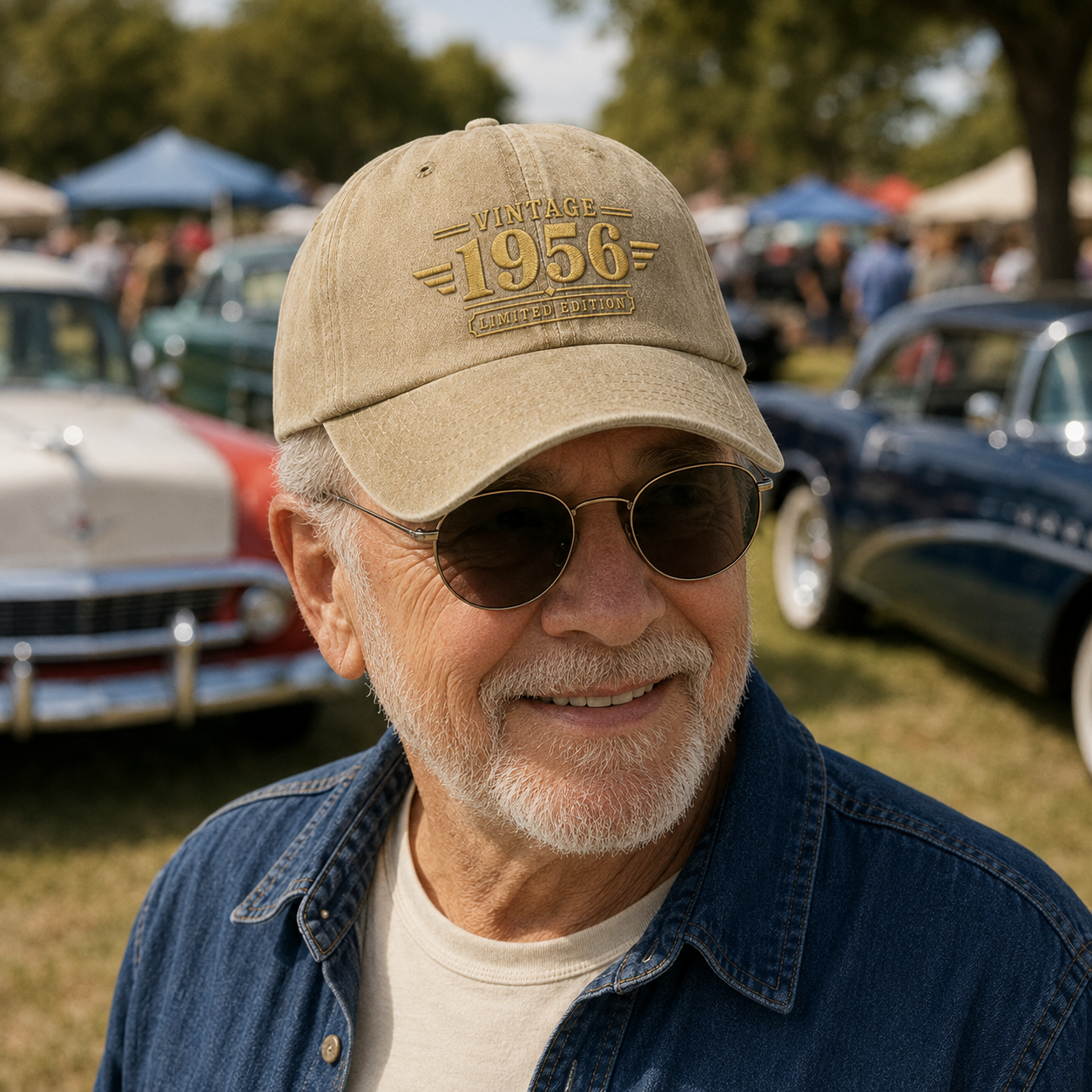 Man at a car show wearing a sand washed cotton cap with custom vintage speed line embroidery