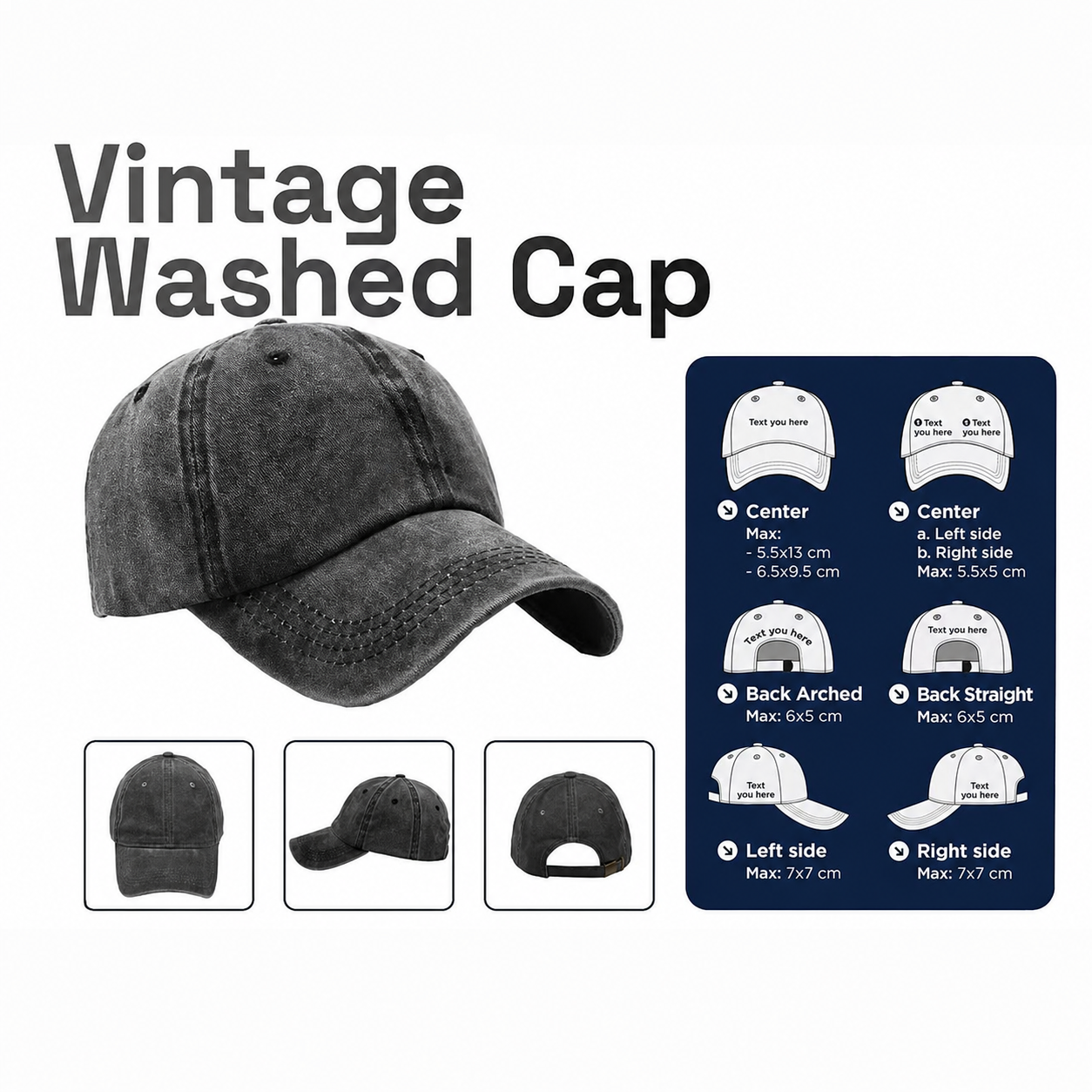 Vintage Washed Cap Custom Embroidery Size Chart