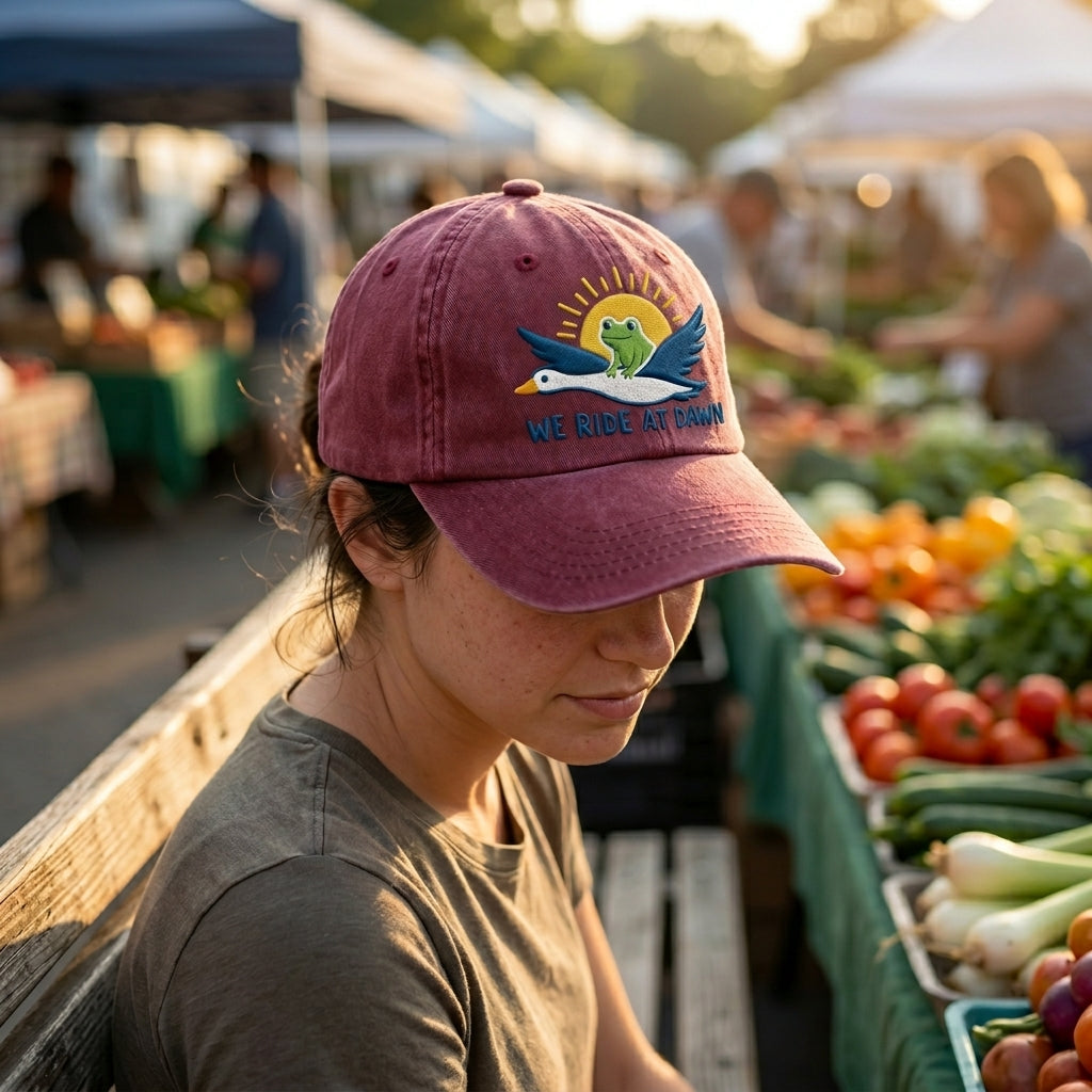 Person wearing a pink cap with a logo at an outdoor farmers market.