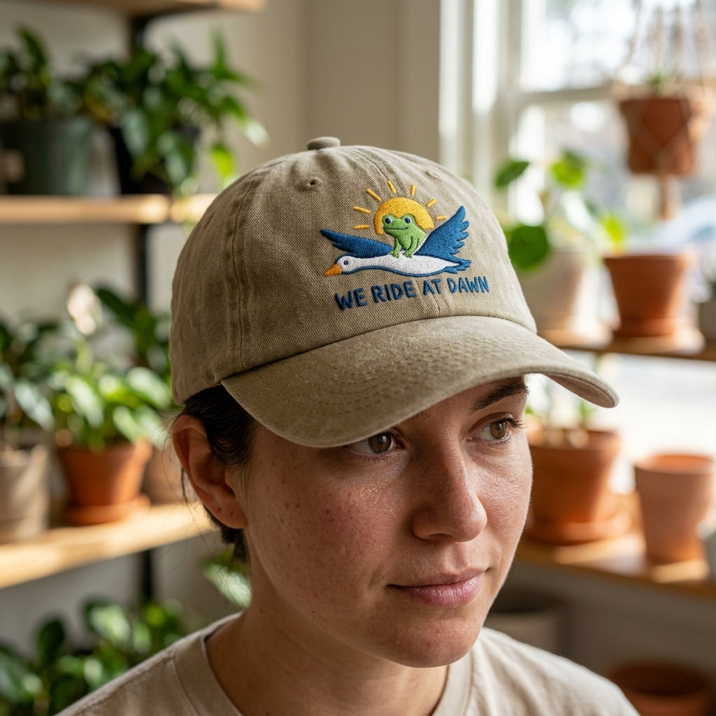 Person wearing a cap with a logo and text, surrounded by plants indoors