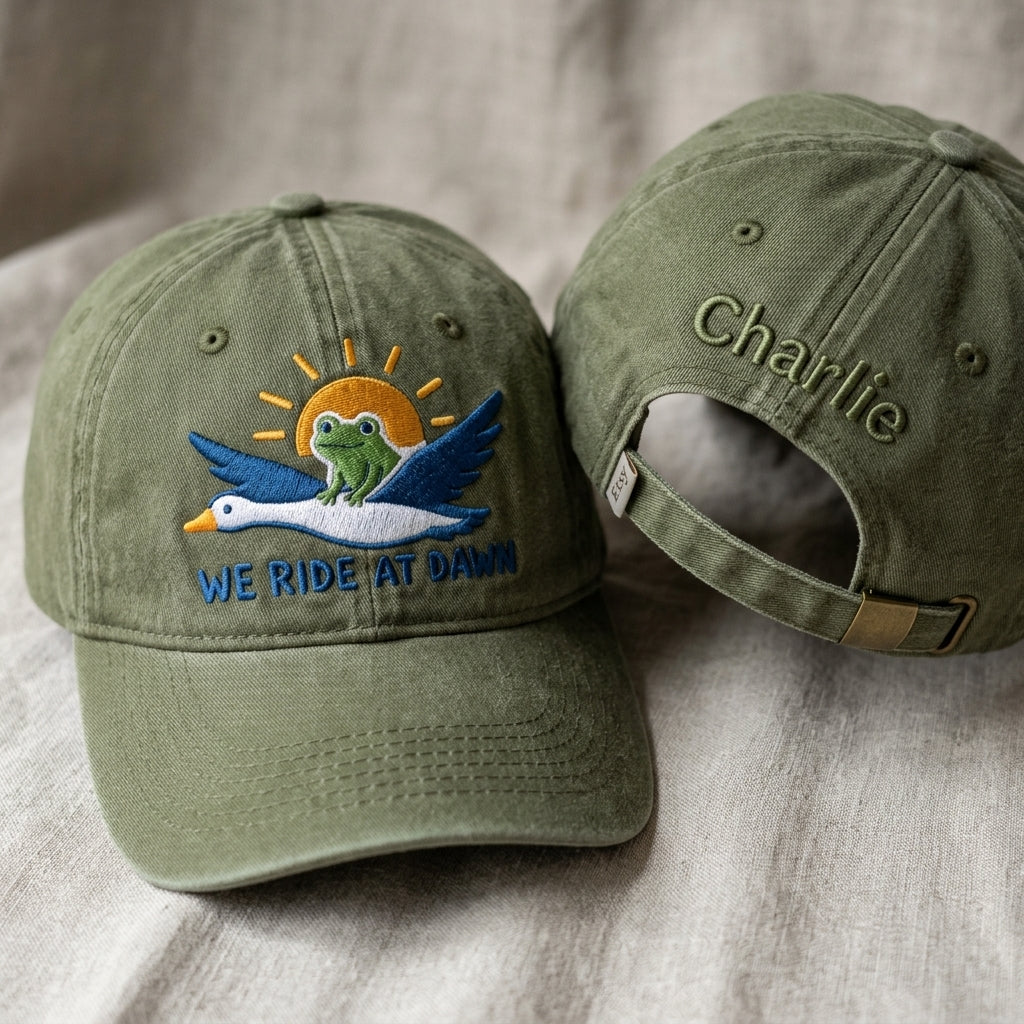 Two green baseball caps with embroidered designs on a light wooden surface.