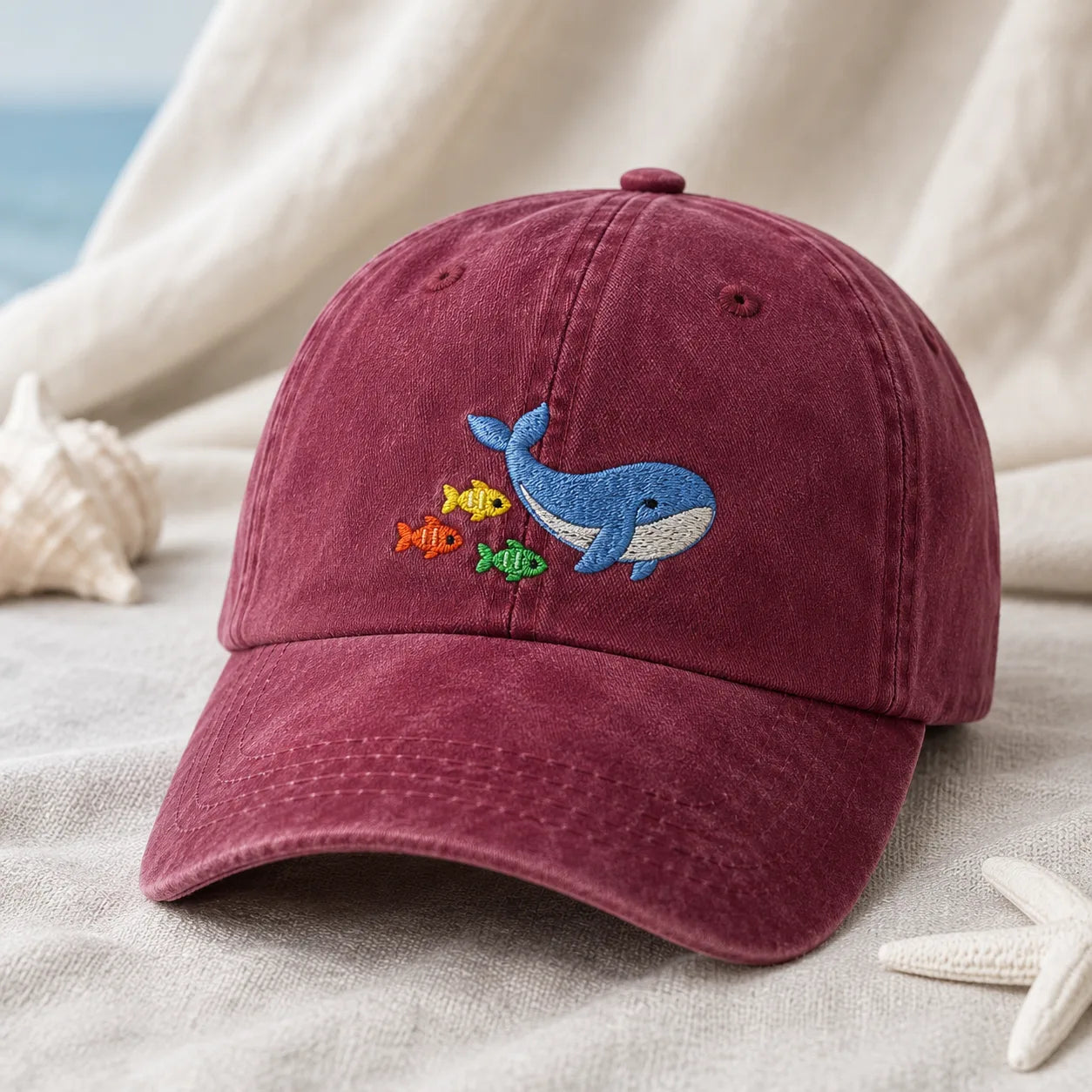 Whale and Fish Embroidered Washed Cap - washed cap - alternate angle