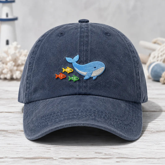 Whale and Fish Embroidered Washed Cap - washed cap - front view