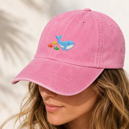 Whale and Fish Embroidered Washed Cap - washed cap - side view