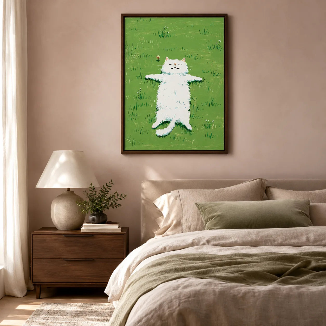White Cat in Green Meadow Wall Art Decor - Wall Art Decor - alternate angle