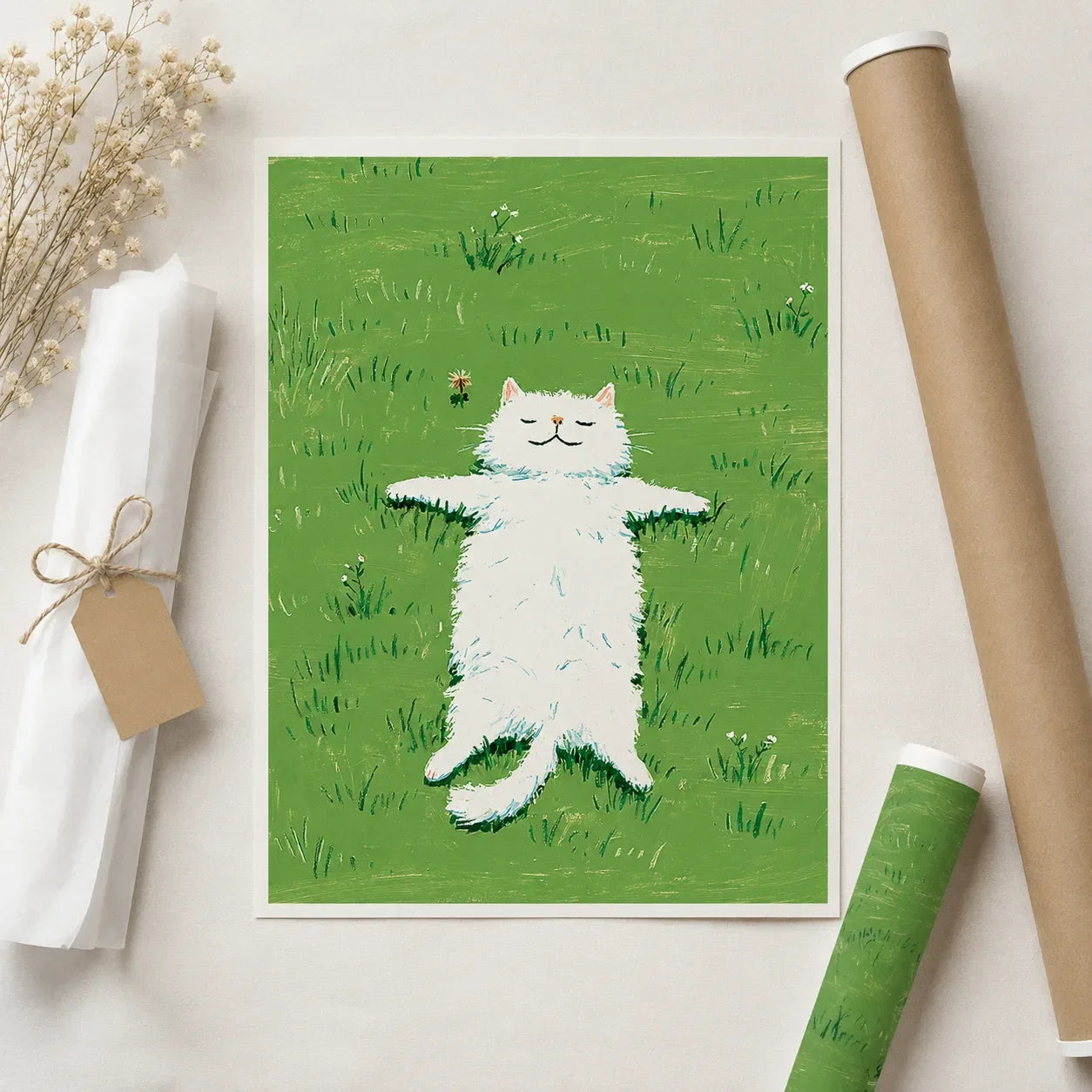 White Cat in Green Meadow Wall Art Decor - Wall Art Decor - back view
