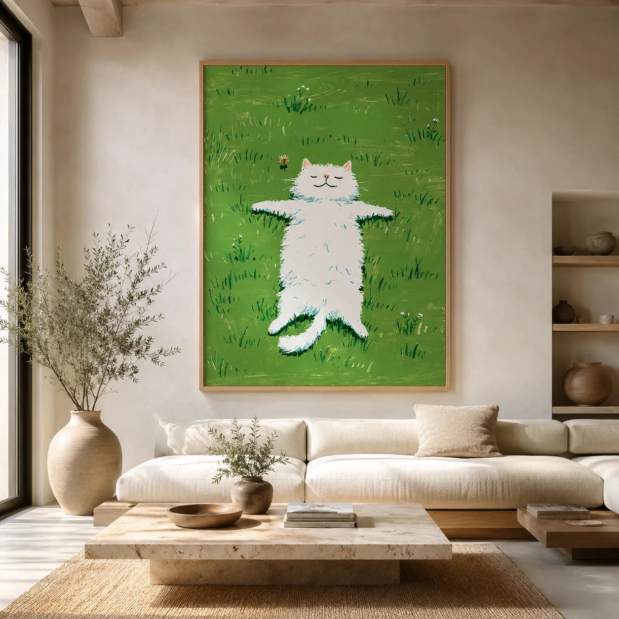 White Cat in Green Meadow Wall Art Decor - Wall Art Decor - close up