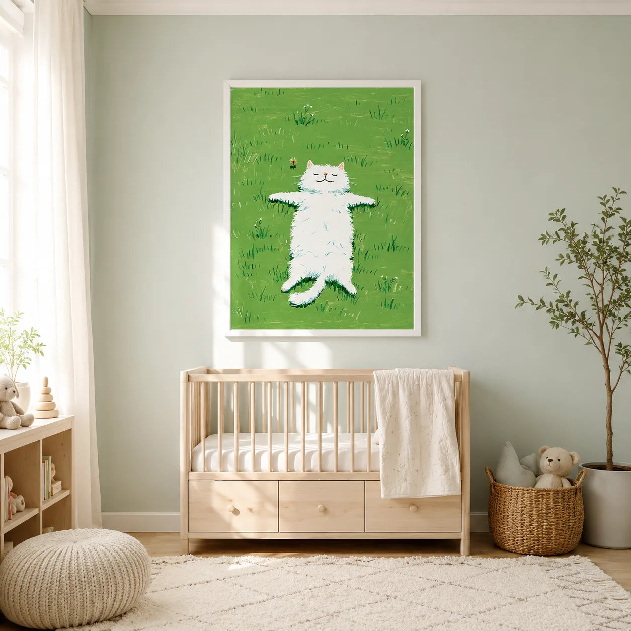 White Cat in Green Meadow Wall Art Decor - Wall Art Decor - detail