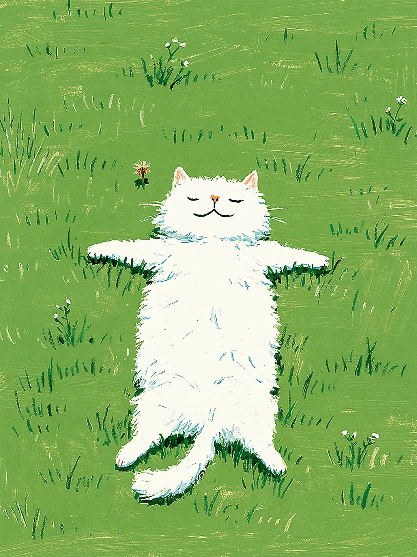 White Cat in Green Meadow Wall Art Decor - Wall Art Decor - front view