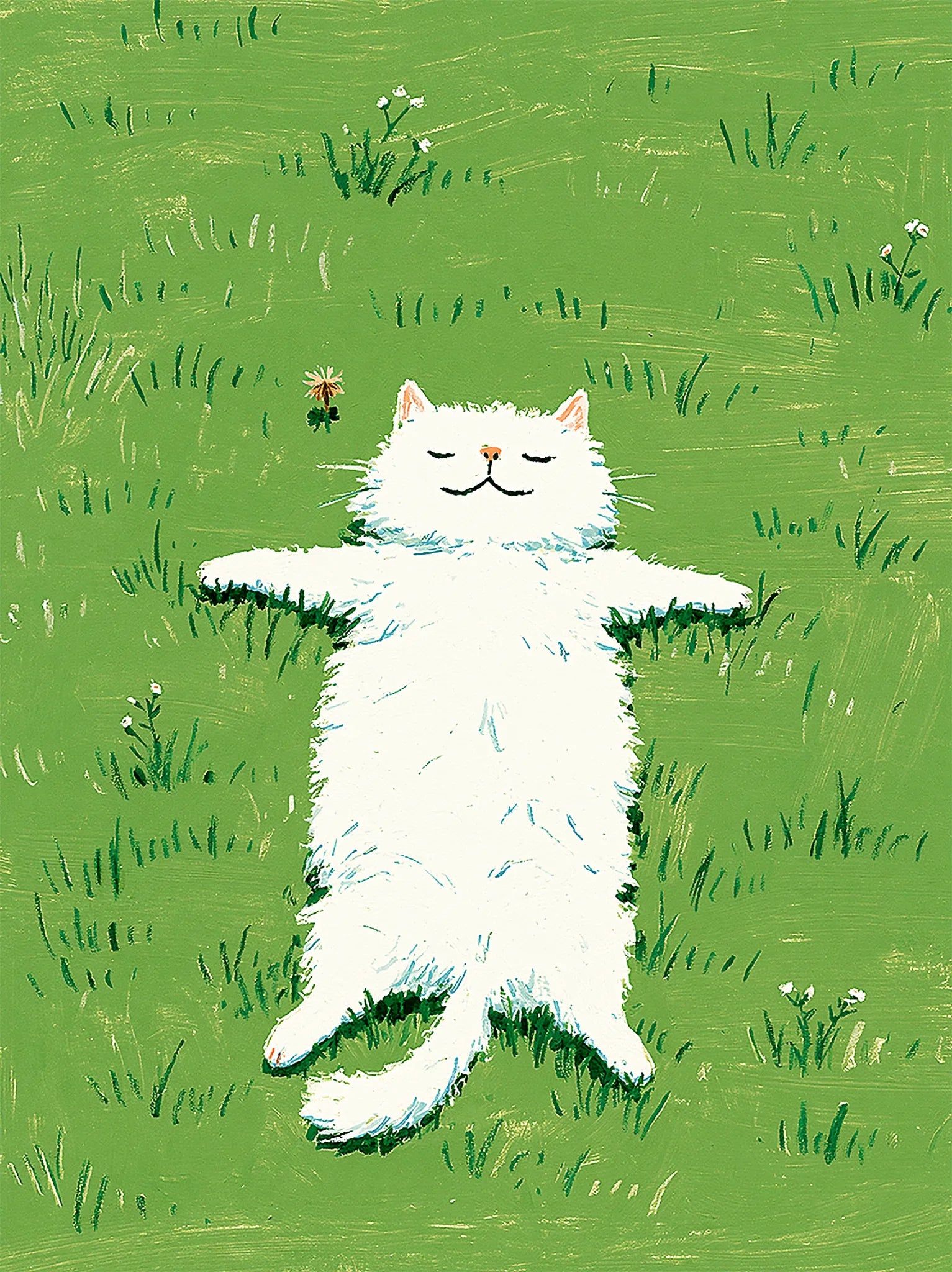 White Cat in Green Meadow Wall Art Decor - Wall Art Decor - front view