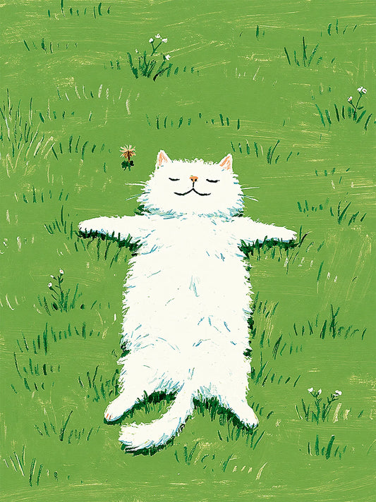 White Cat in Green Meadow Wall Art Decor - Wall Art Decor - front view
