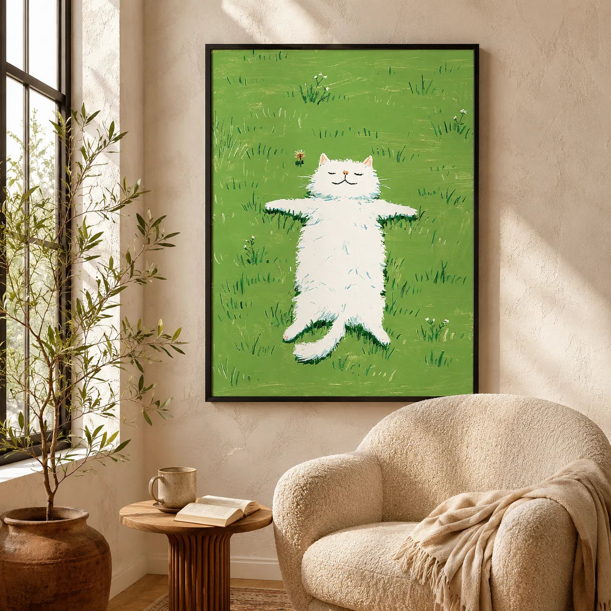 White Cat in Green Meadow Wall Art Decor - Wall Art Decor - in use