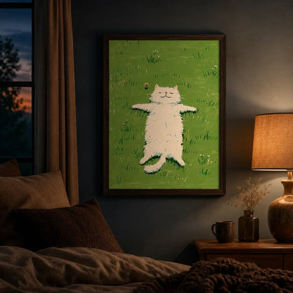White Cat in Green Meadow Wall Art Decor - Wall Art Decor - lifestyle