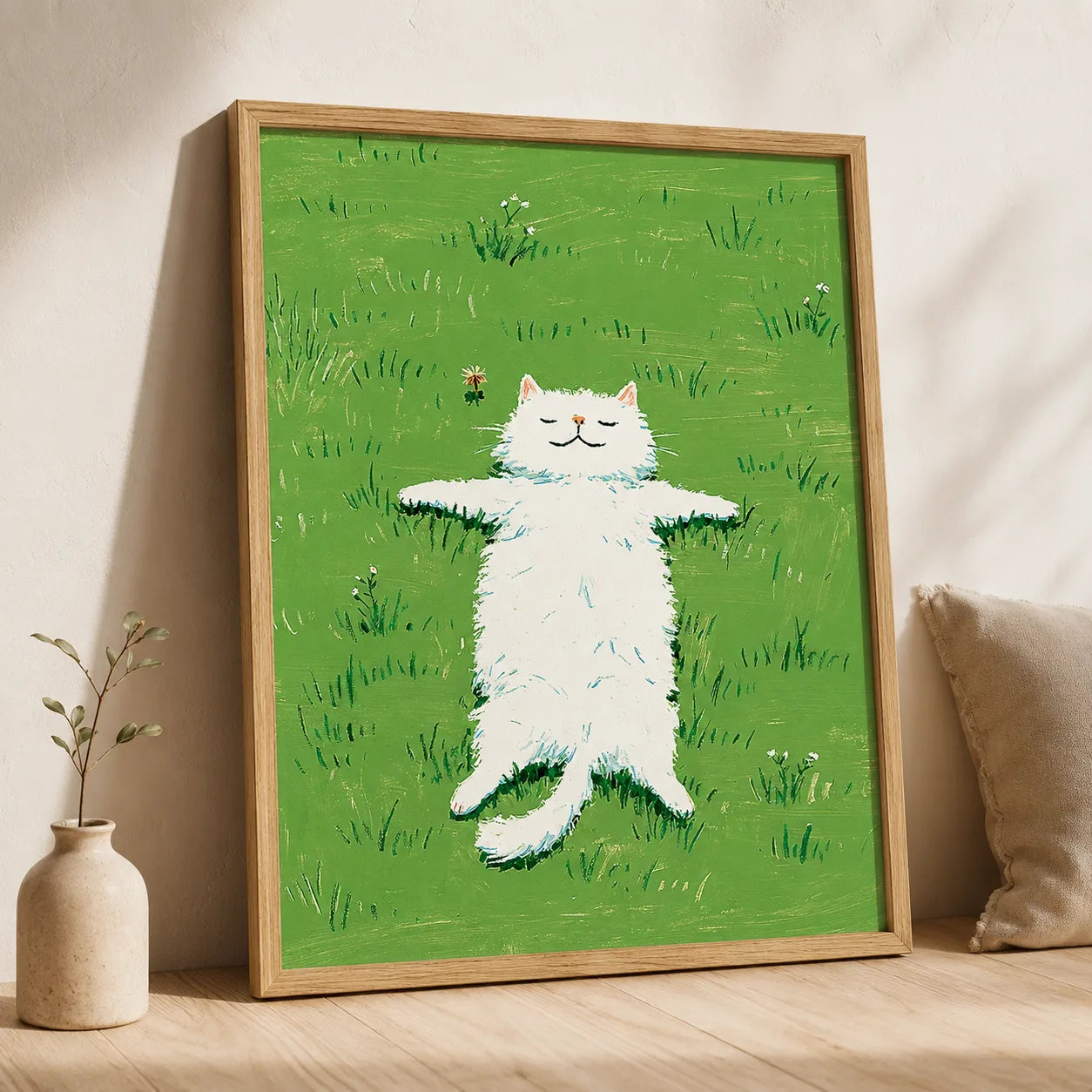 White Cat in Green Meadow Wall Art Decor - Wall Art Decor - side view