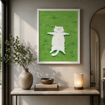White Cat in Green Meadow Wall Art Decor - Wall Art Decor - styled