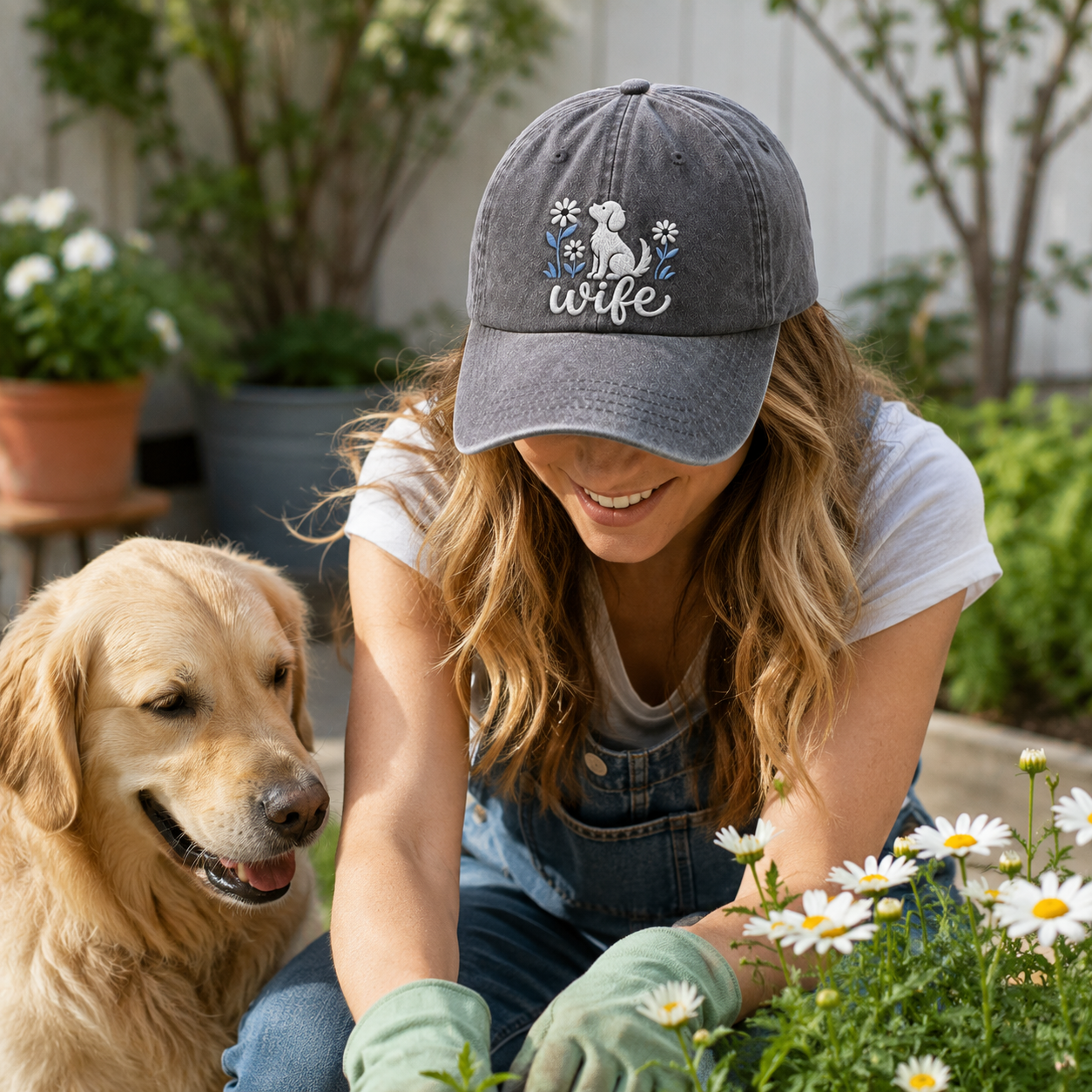Wife Floral Dog Embroidered Washed Cap - Washed Cap - alternate angle