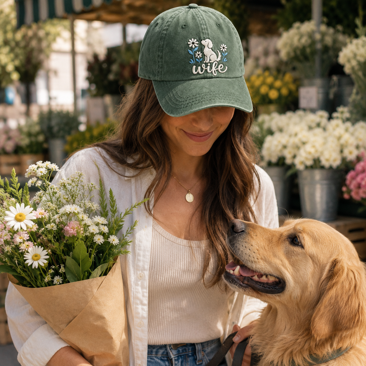 Wife Floral Dog Embroidered Washed Cap - Washed Cap - detail