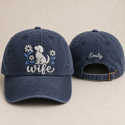 Wife Floral Dog Embroidered Washed Cap - Washed Cap - front view