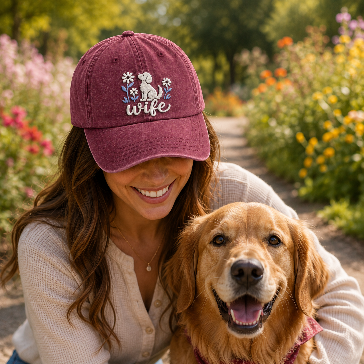 Wife Floral Dog Embroidered Washed Cap - Washed Cap - side view