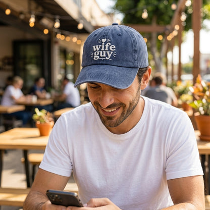 Collage of 'wife guy' hats in various colors with people wearing them in different settings.
