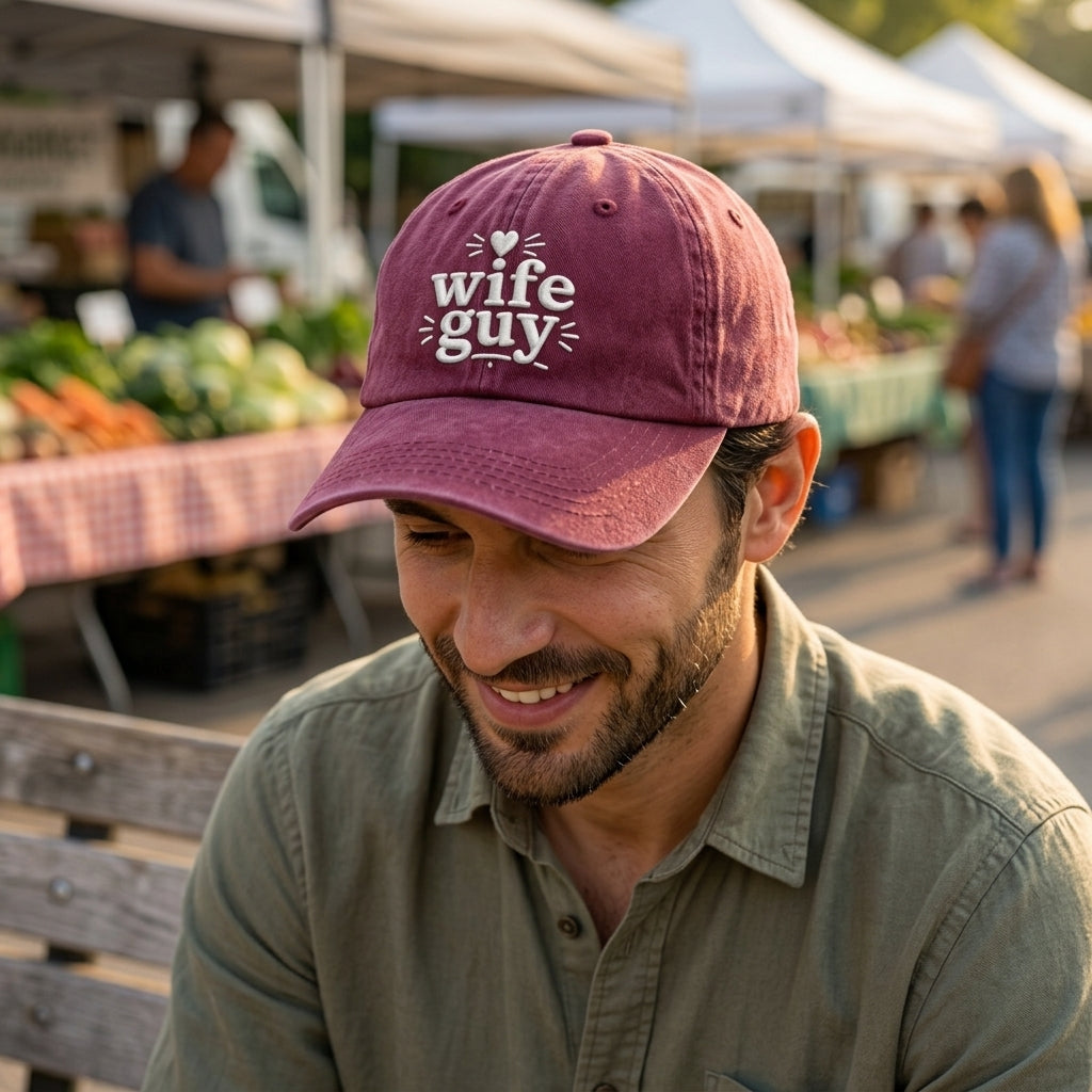 Collage of 'wife guy' hats in various colors with people wearing them in different settings.