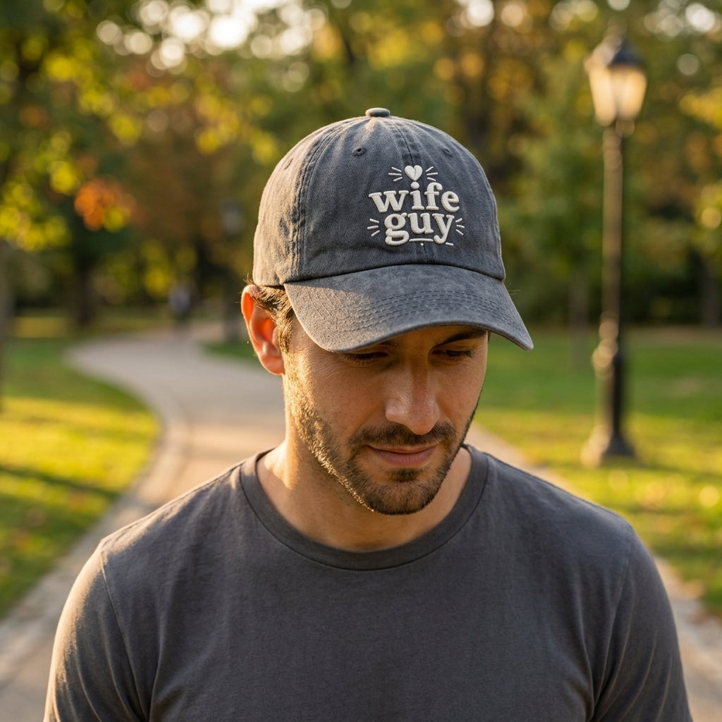 Collage of 'wife guy' hats in various colors with people wearing them in different settings.