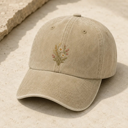 Wildflower Embroidered Washed Cap - washed cap - side view