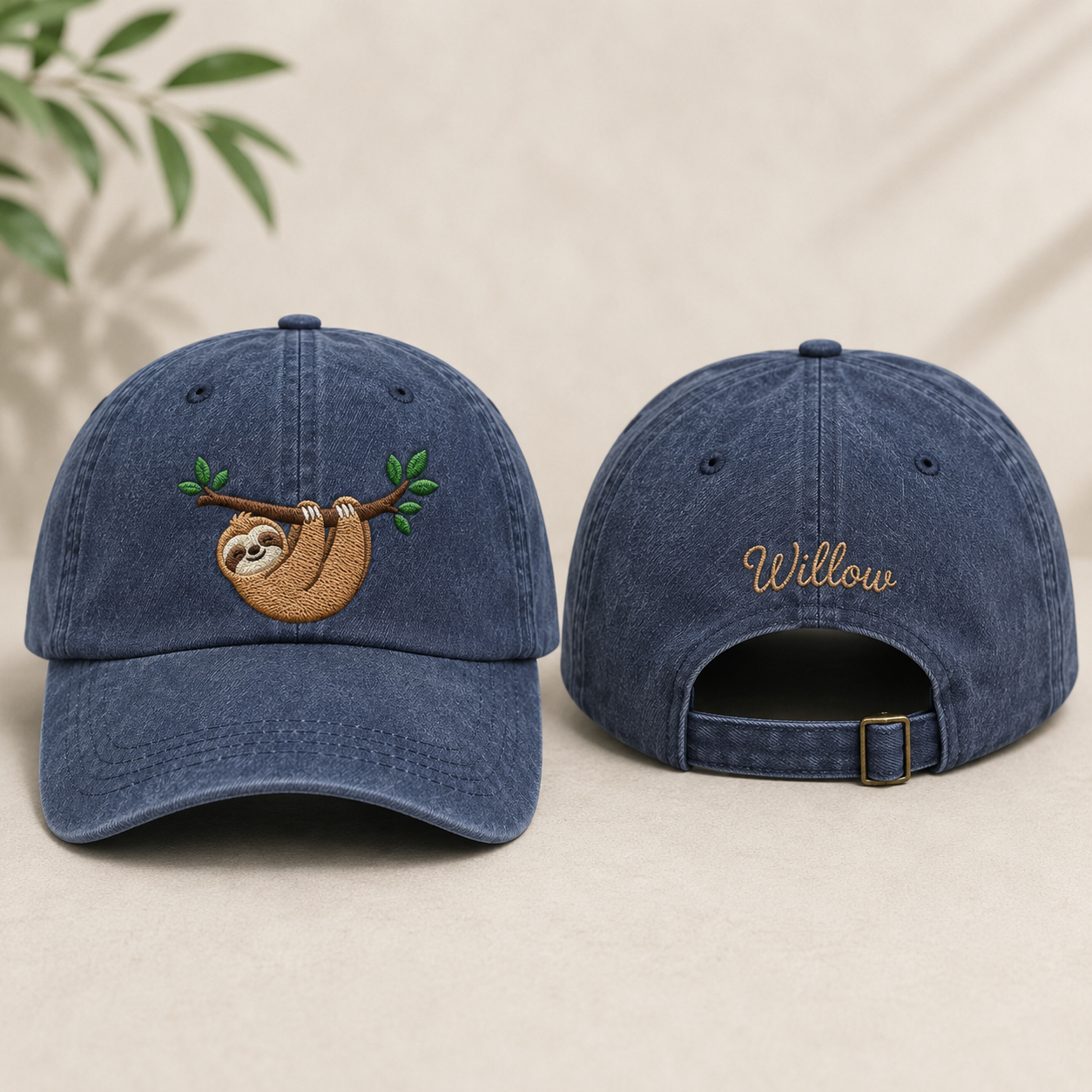 Willow Sloth Embroidered Washed Cap - Washed Cap - front view