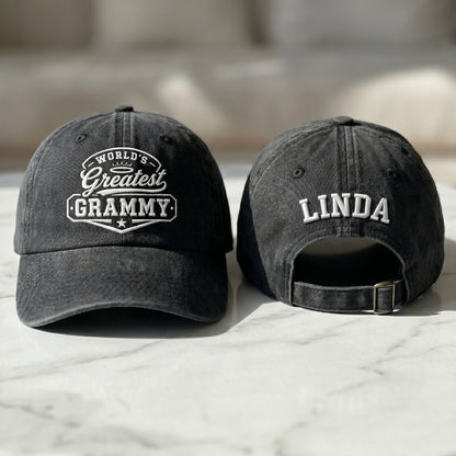 Black washed cotton baseball cap with World's Greatest Grammy embroidery and custom name Linda text.