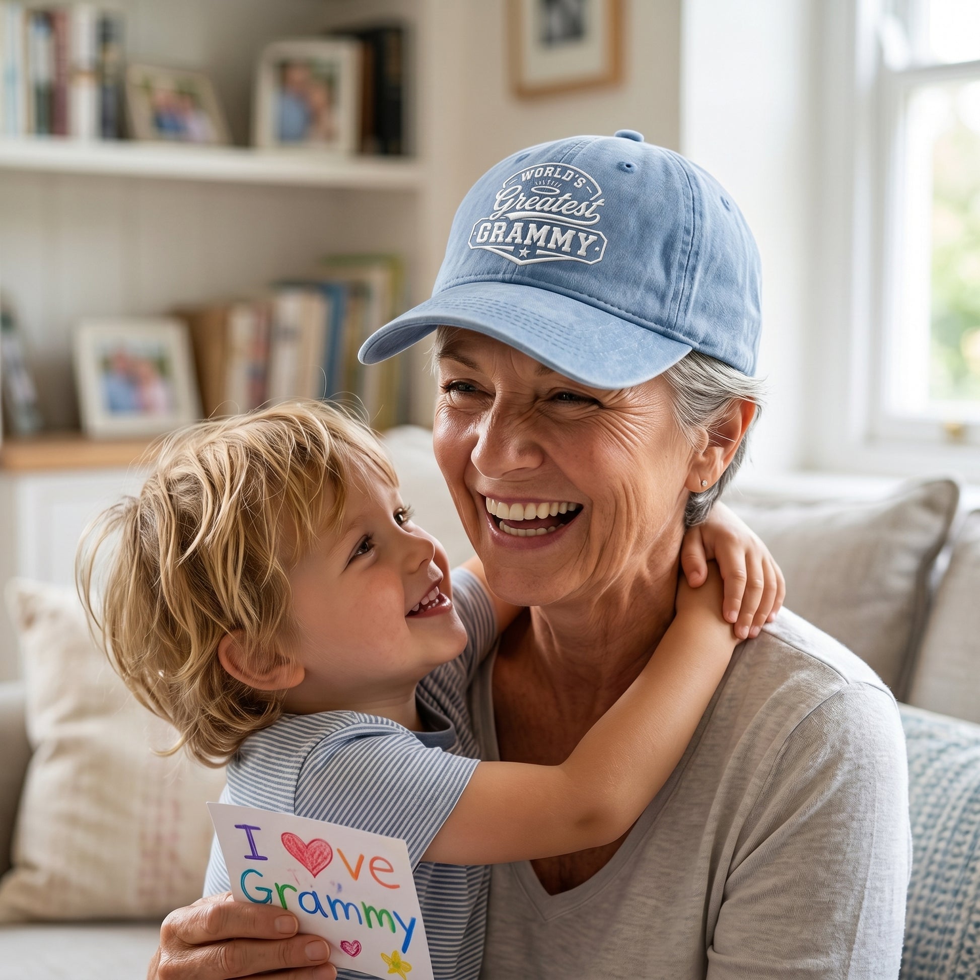 Light blue washed baseball cap with white embroidered Greatest Grammy design worn by a grandmother.