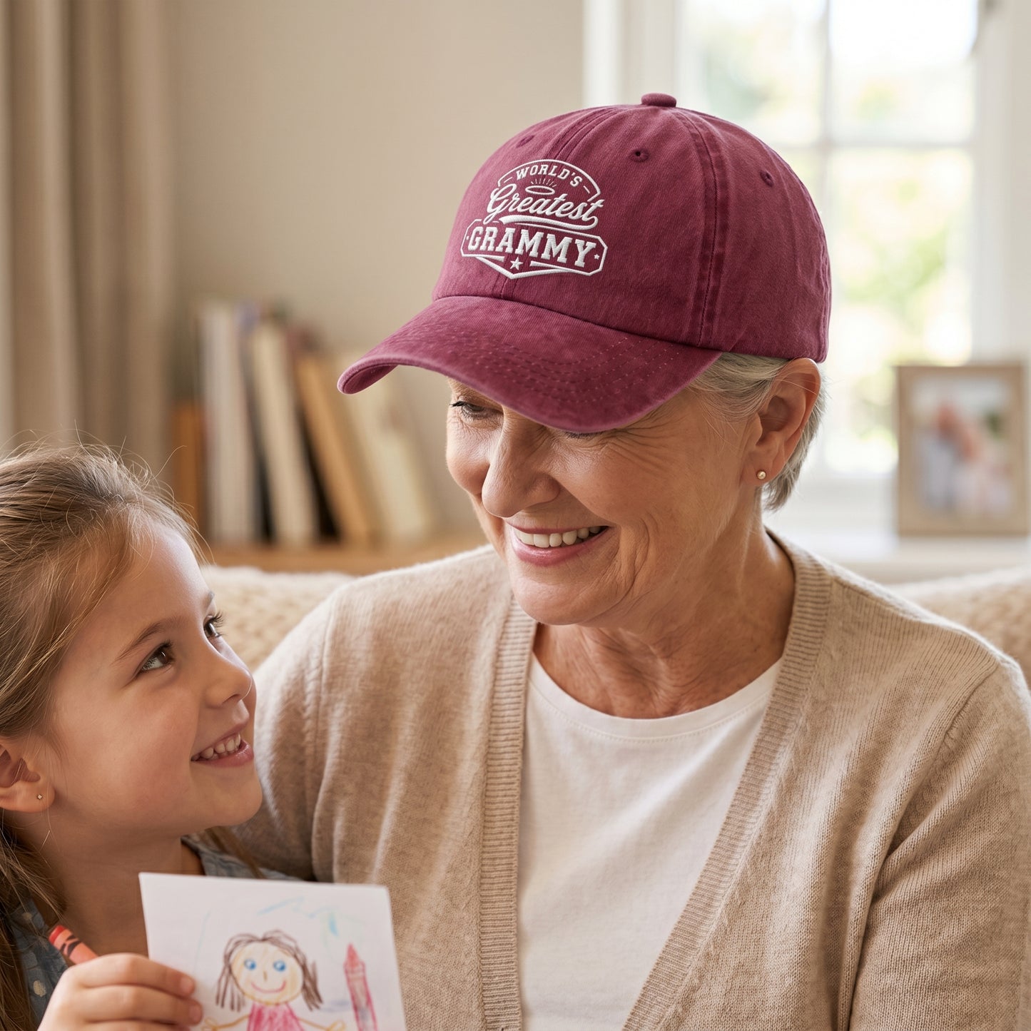 Maroon washed baseball cap with white embroidered Greatest Grammy artwork worn by a grandmother.