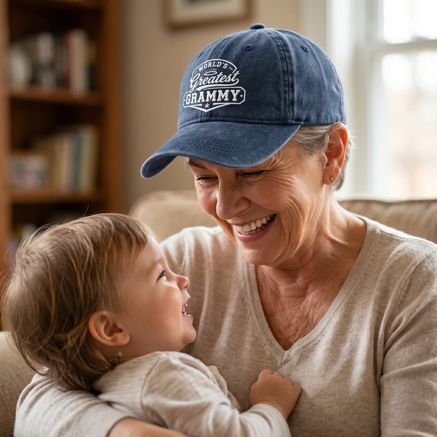 Navy washed cotton baseball cap with white embroidered Greatest Grammy design worn by a grandmother.