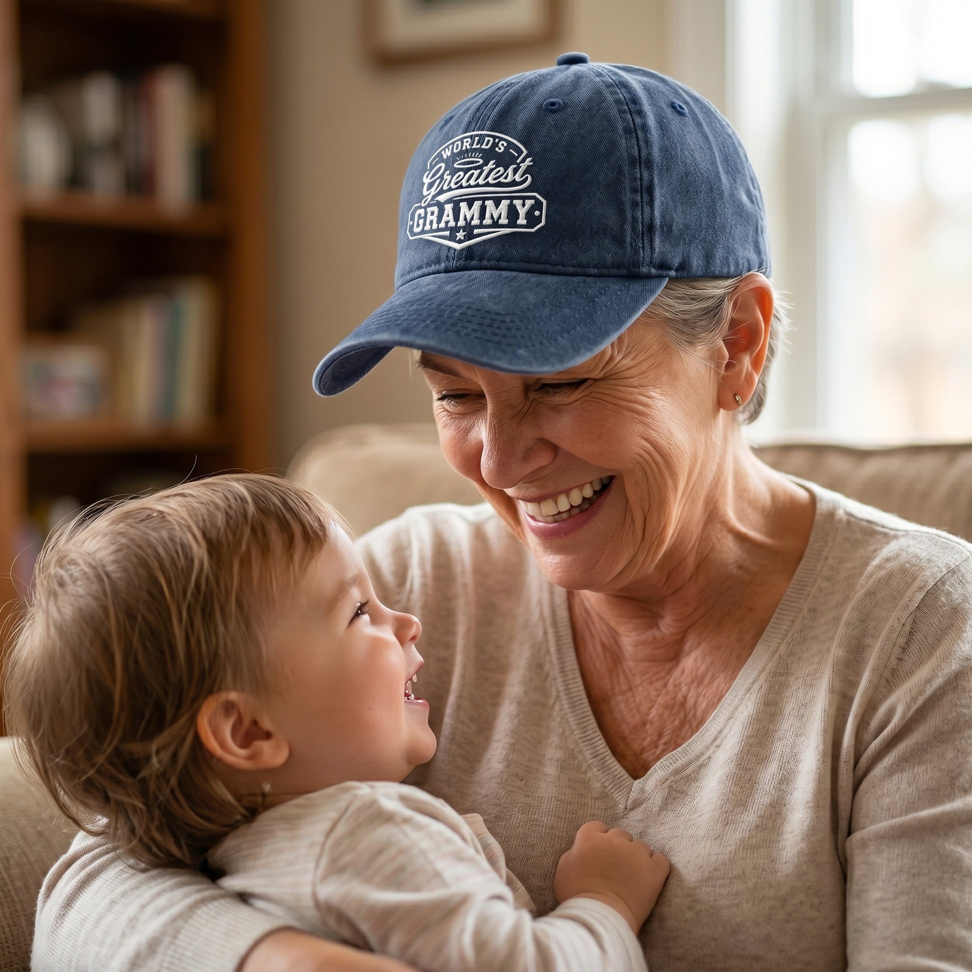 Navy washed cotton baseball cap with white embroidered Greatest Grammy design worn by a grandmother.