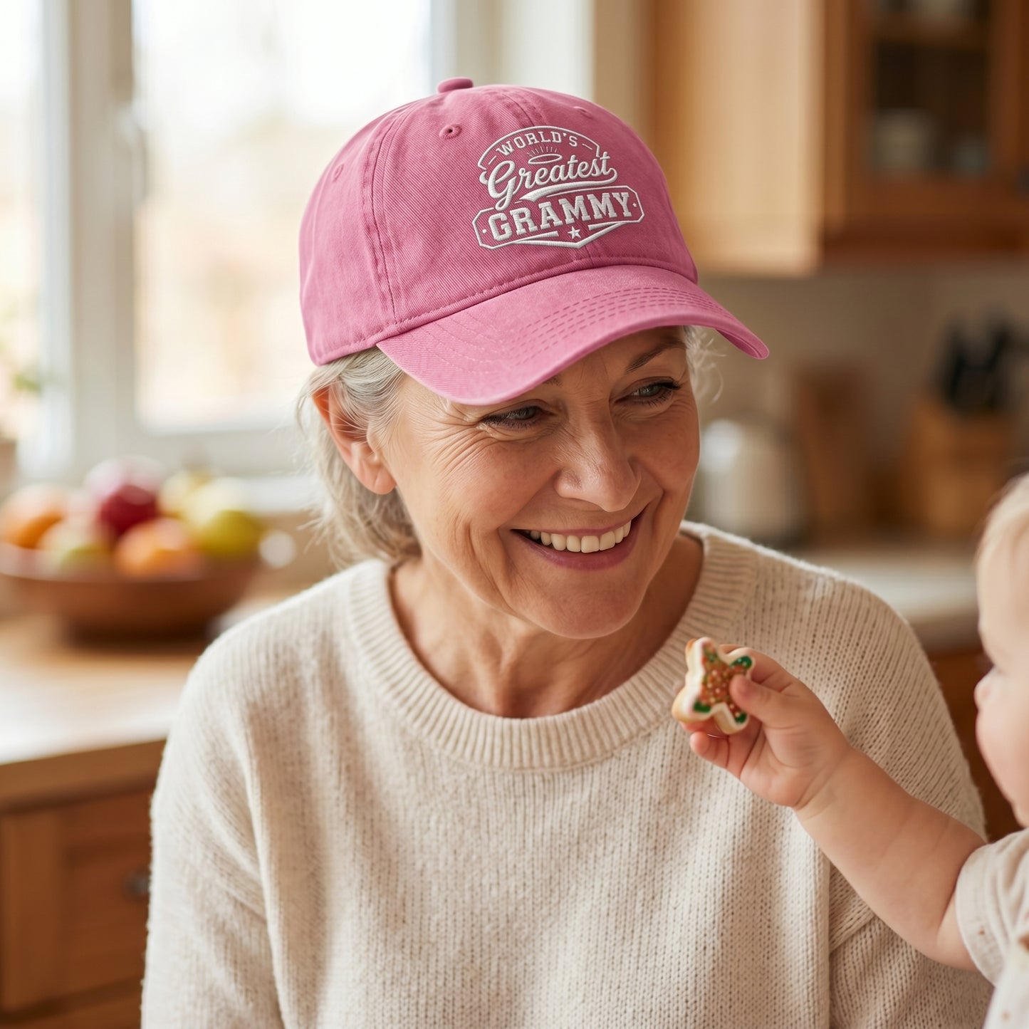 Pink washed cotton baseball cap with white embroidered Greatest Grammy text worn by a grandmother.
