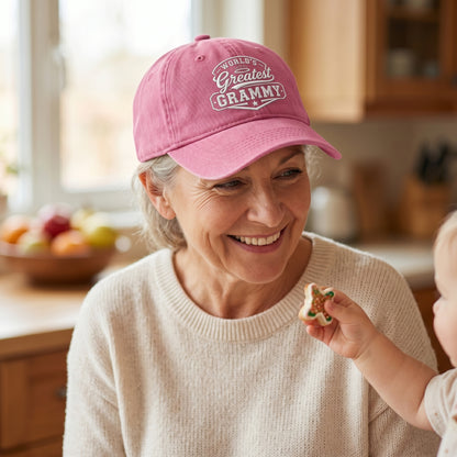 Pink washed cotton baseball cap with white embroidered Greatest Grammy text worn by a grandmother.
