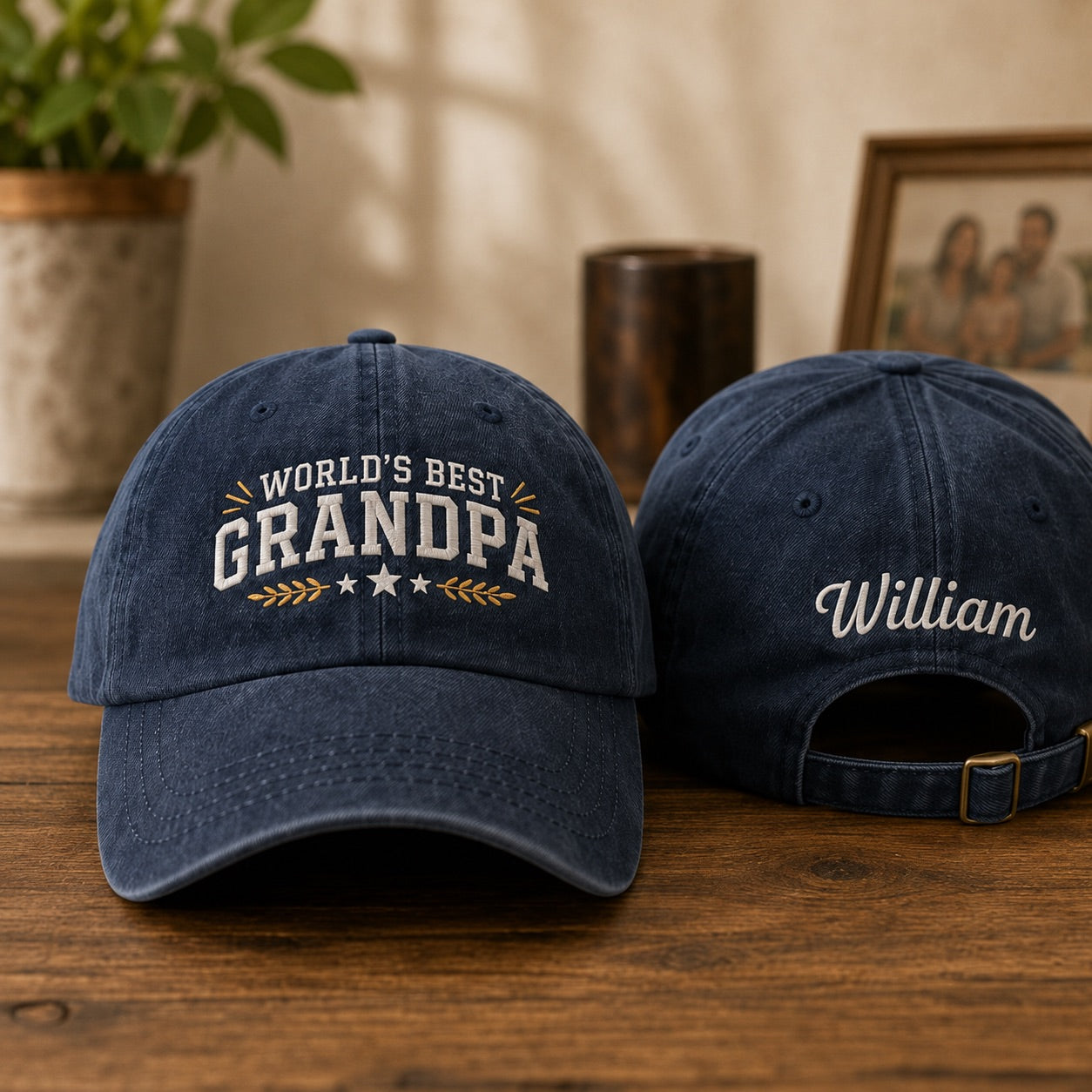 Two navy blue caps on a wooden surface with 'World's Best Grandpa' and 'William' text.