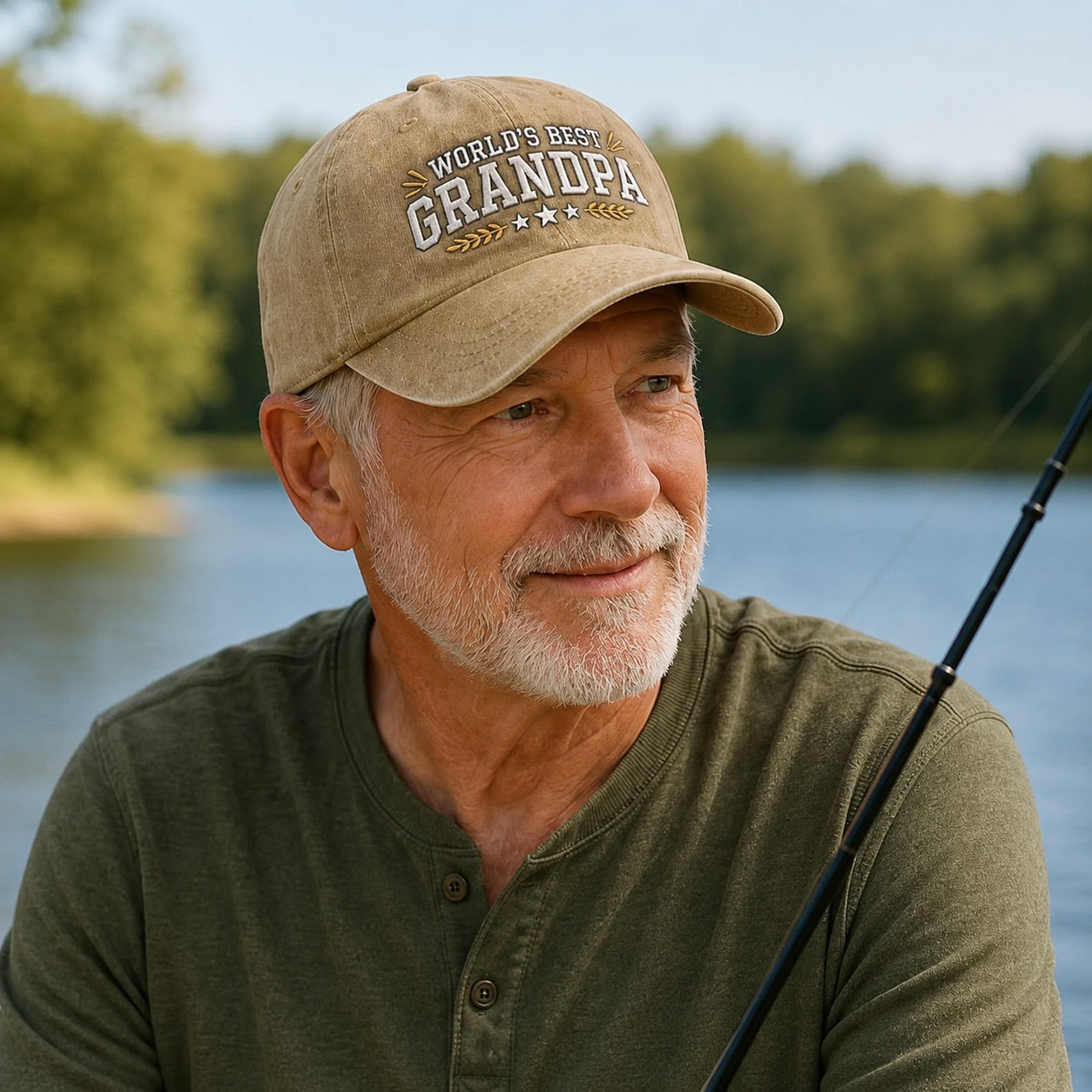 Man wearing a cap with 'World's Best Grandpa' text by a body of water.