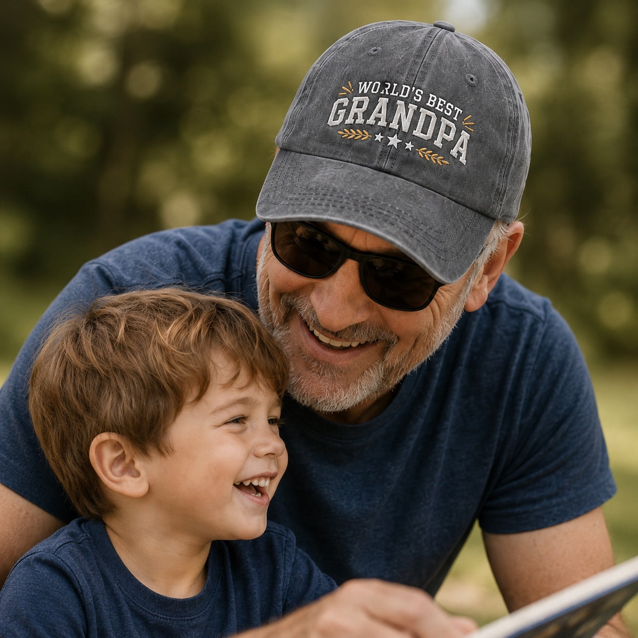 Man wearing a 'World's Best Grandpa' cap with a young boy outdoors.