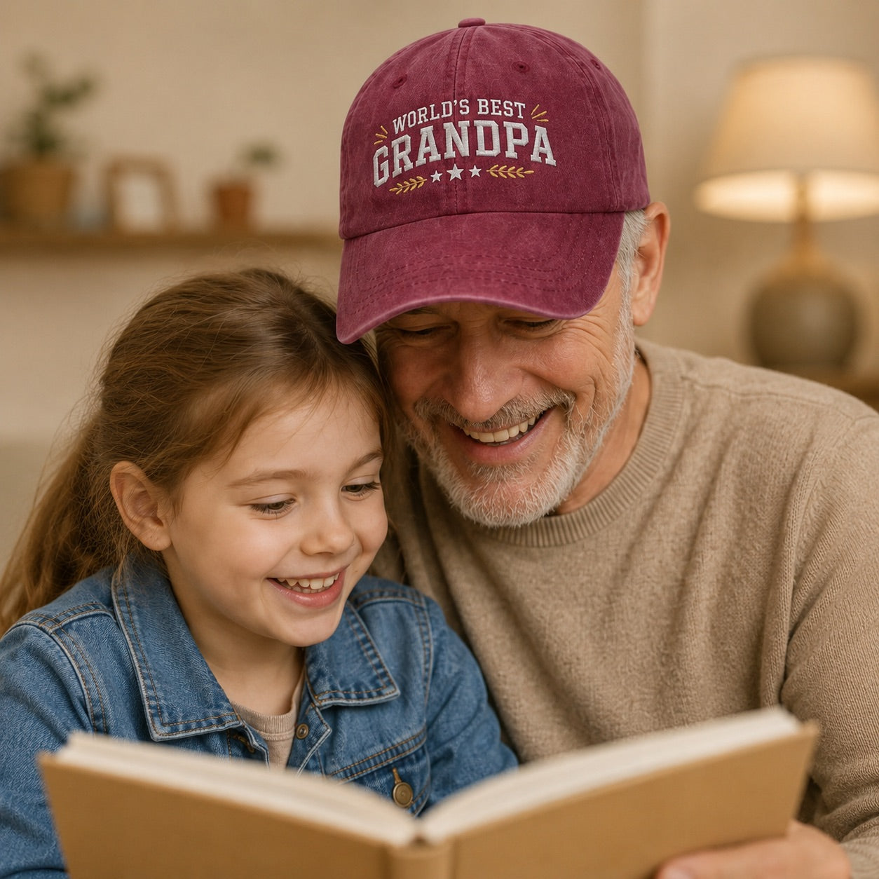 Man wearing a 'World's Best Grandpa' cap reading to a young girl in a cozy room.