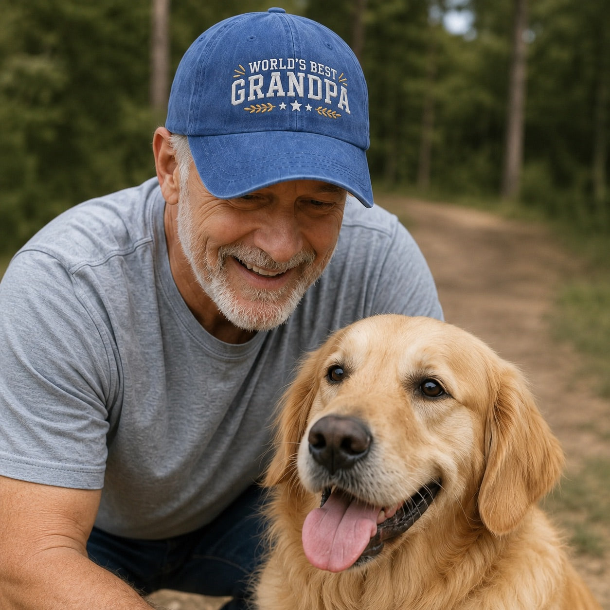 Man wearing a 'World's Best Grandpa' cap with a golden dog outdoors.