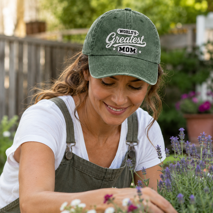 World's Greatest Mom Embroidered Washed Cap - Washed Cap - detail